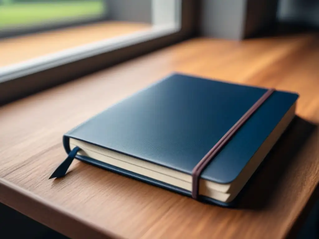 Un cuaderno azul reposa sobre un escritorio de madera, bañado por luz natural