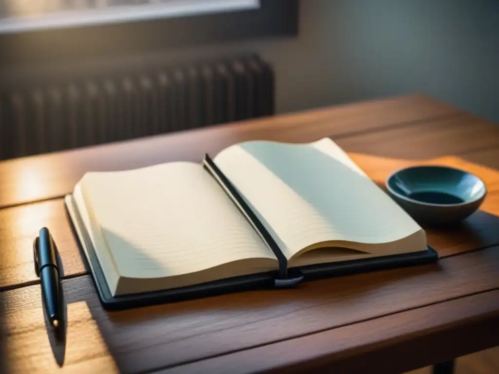 Cuaderno en blanco y pluma, símbolos del proceso de pulir poemas