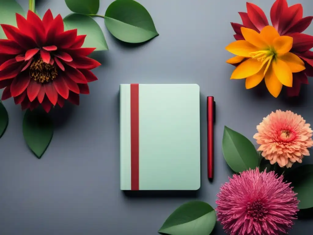 Un cuaderno en blanco rodeado de flores vibrantes en tonos de rojo, rosa y naranja, simbolizando la transformación en la carrera literaria