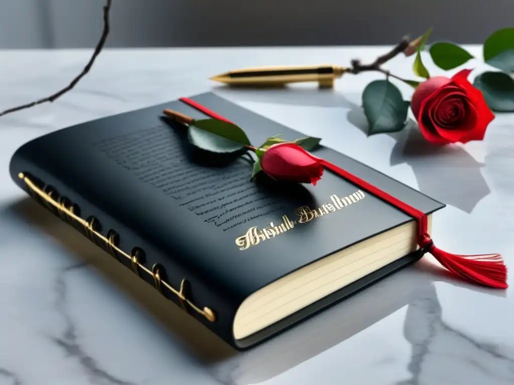 Cuadernos para poetas elegancia: Notebook de cuero negro con detalles dorados, una pluma y versos poéticos, junto a una rosa roja en mármol blanco