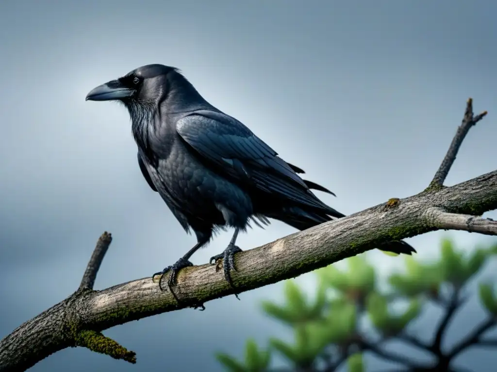 Un cuervo negro posado en una rama seca bajo un cielo tormentoso, reflejando la crítica social en poesía romántica