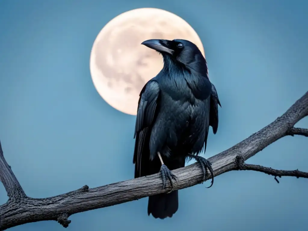Un cuervo en rama marchita bajo la luna llena, reflejando la oscuridad y belleza del mundo literario de Edgar Allan Poe