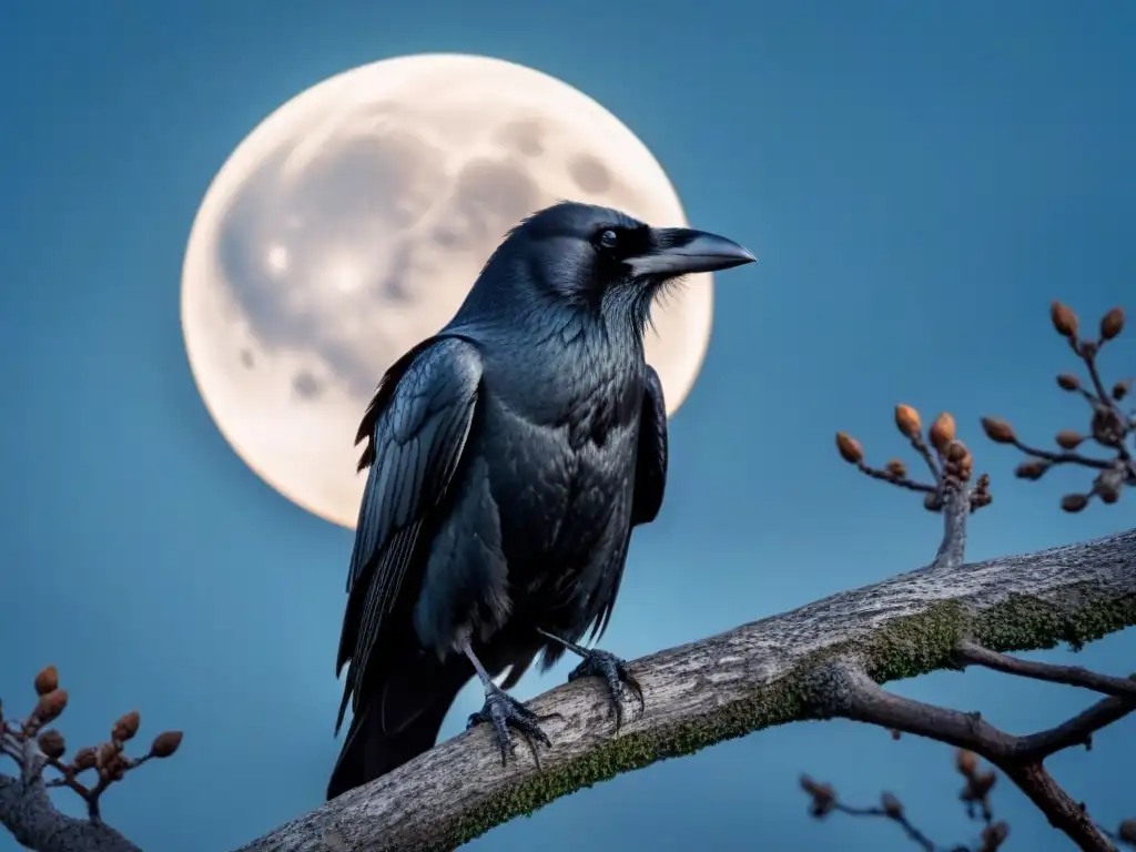 Un cuervo solitario en rama sin hojas, ante luna llena en cielo nublado