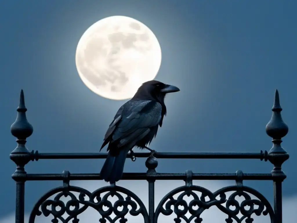 Un cuervo solitario en una reja de hierro forjado, silueteado contra la luna llena en una noche nublada