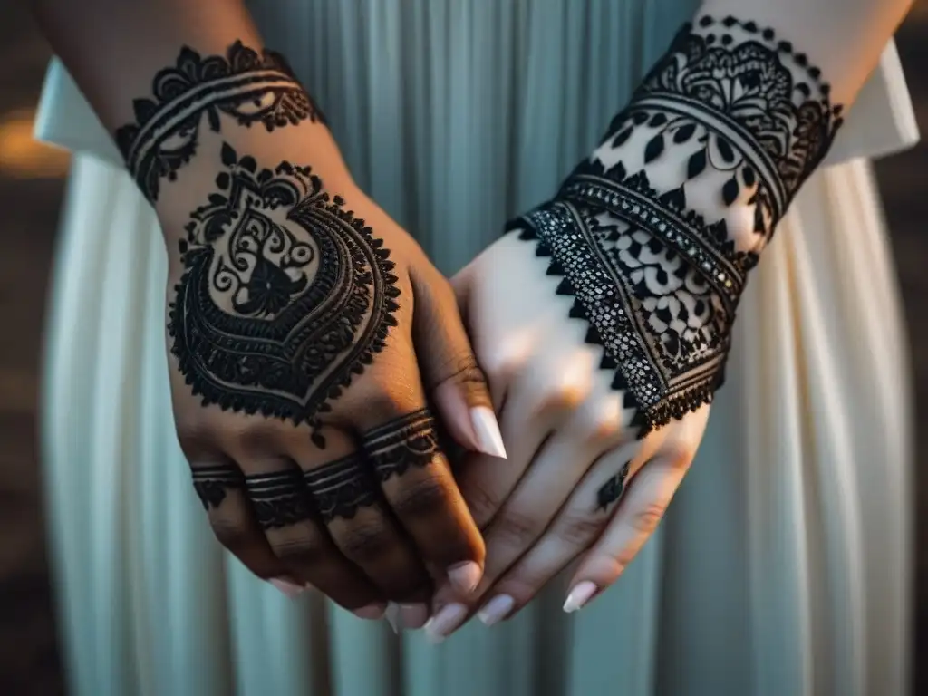 Uniendo culturas a través de poesía: Dos manos unidas con henna y caligrafía en blanco y negro