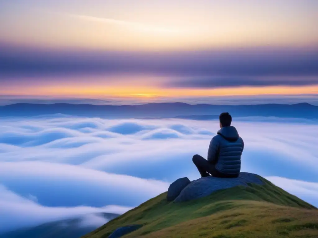 Meditación en la cumbre al amanecer, rodeado de nubes