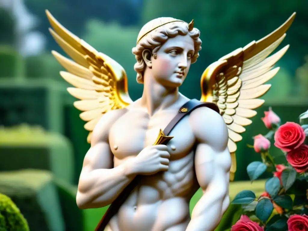 Cupido, dios romano del amor, con alas doradas y flechas en un jardín neoclásico