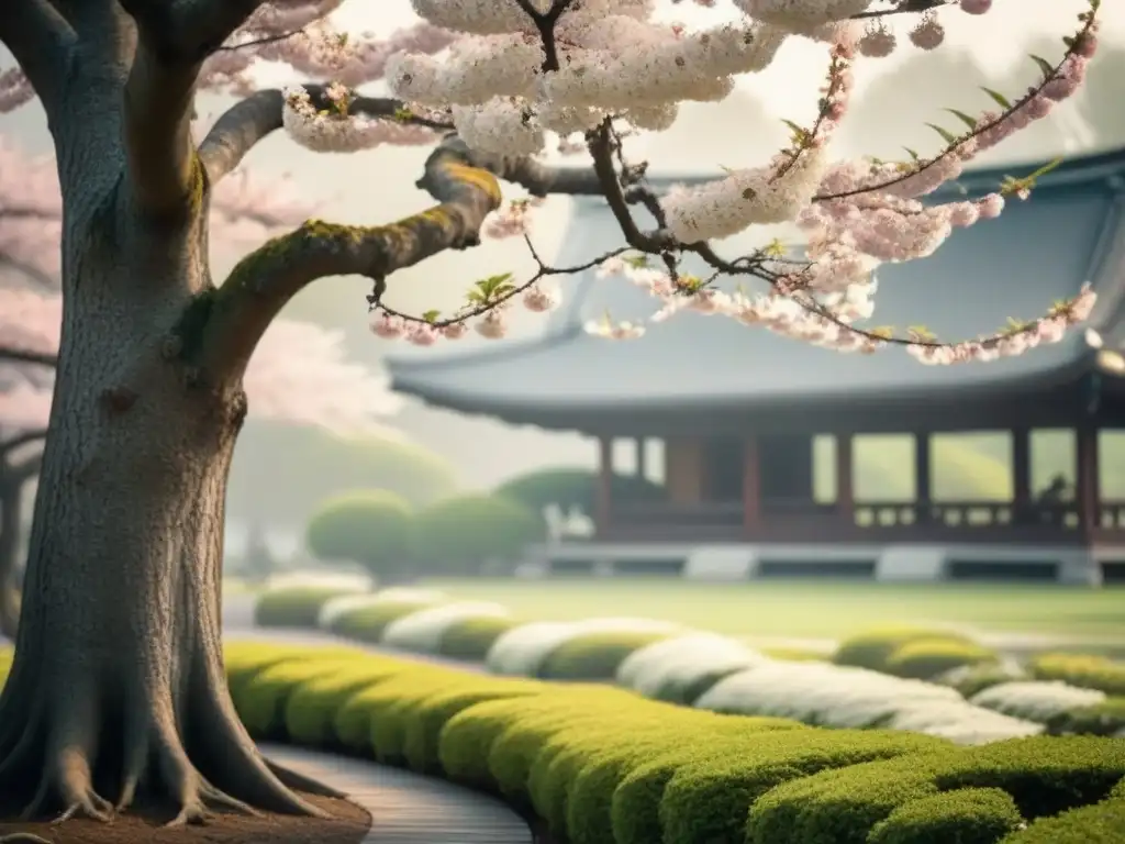 Una danza de pétalos de cerezo en un jardín japonés, reflejando la dualidad en poesía japonesa