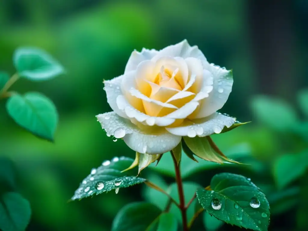 Una delicada rosa blanca cubierta de rocío, resplandeciendo en un fondo de exuberante follaje