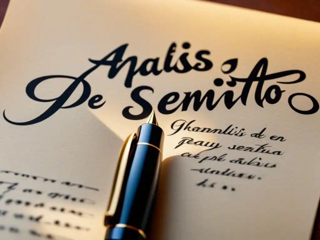 Delicada caligrafía en poesía: pluma traza 'Análisis de sentimientos en poesía' sobre papel crema texturizado