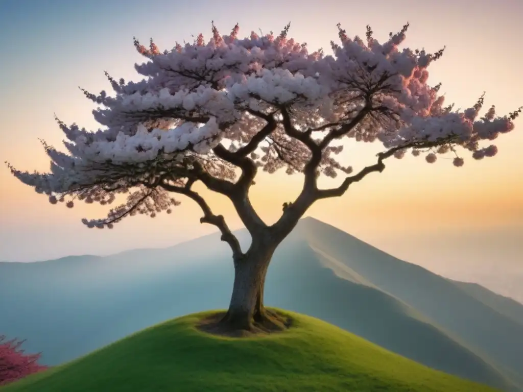 Delicada poesía diáspora coreana transformadora: detallado árbol de cerezo solitario en un cielo pastel