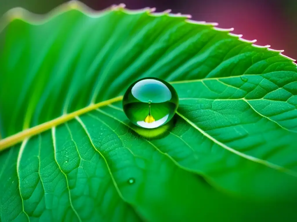 Una delicada gota de rocío sobre una hoja verde vibrante, reflejando la belleza efímera y transformadora de la naturaleza