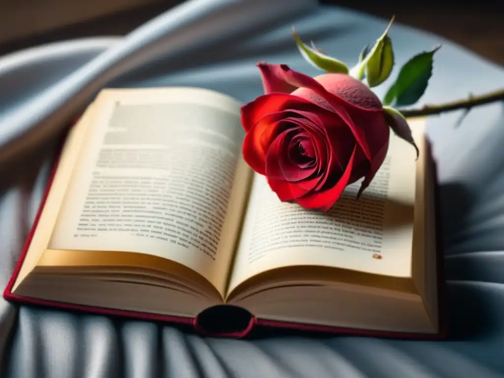 Rosa roja sobre libro en blanco: belleza y poesía en 8k Una delicada rosa roja reposa sobre un libro abierto, con luz natural y sombras suaves