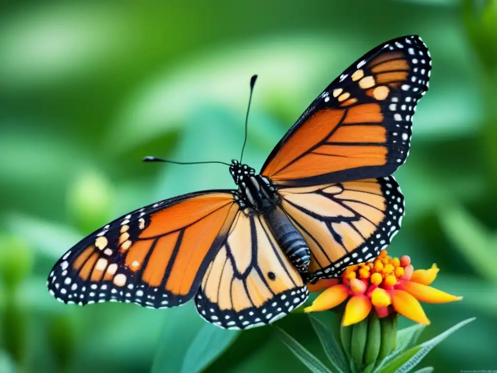 Delicada mariposa monarca reposa en flor naranja, resaltando la belleza y fragilidad de la biodiversidad