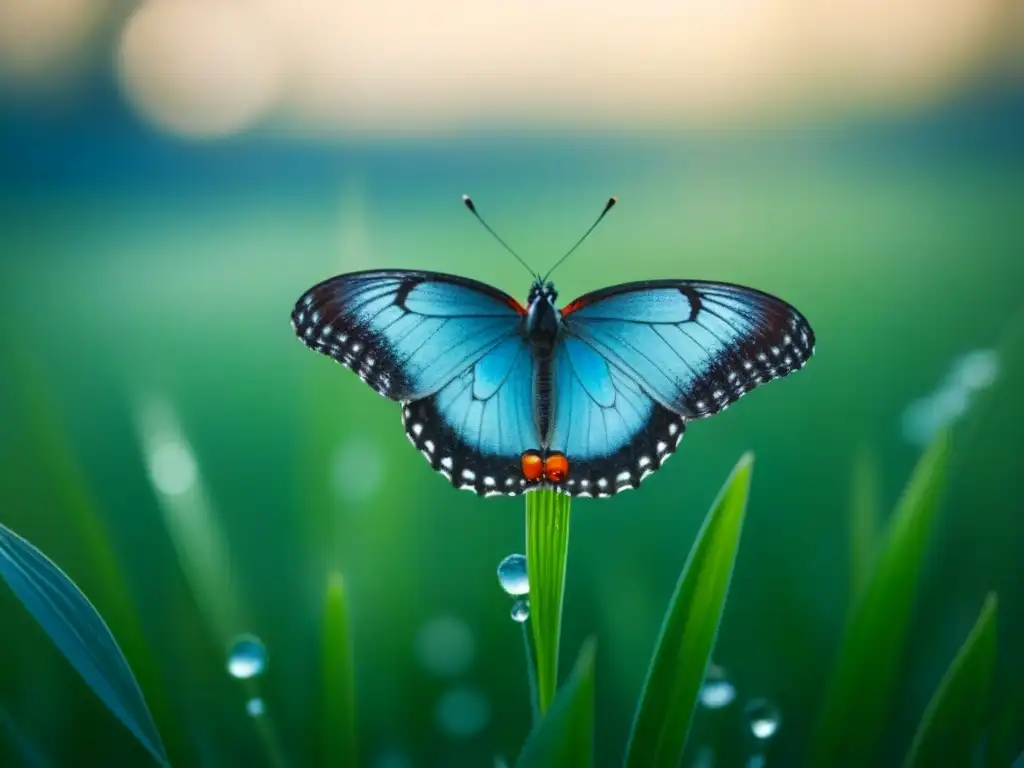 Delicada mariposa posada en una brizna de hierba, con gotas de rocío brillando en la suave luz de la mañana