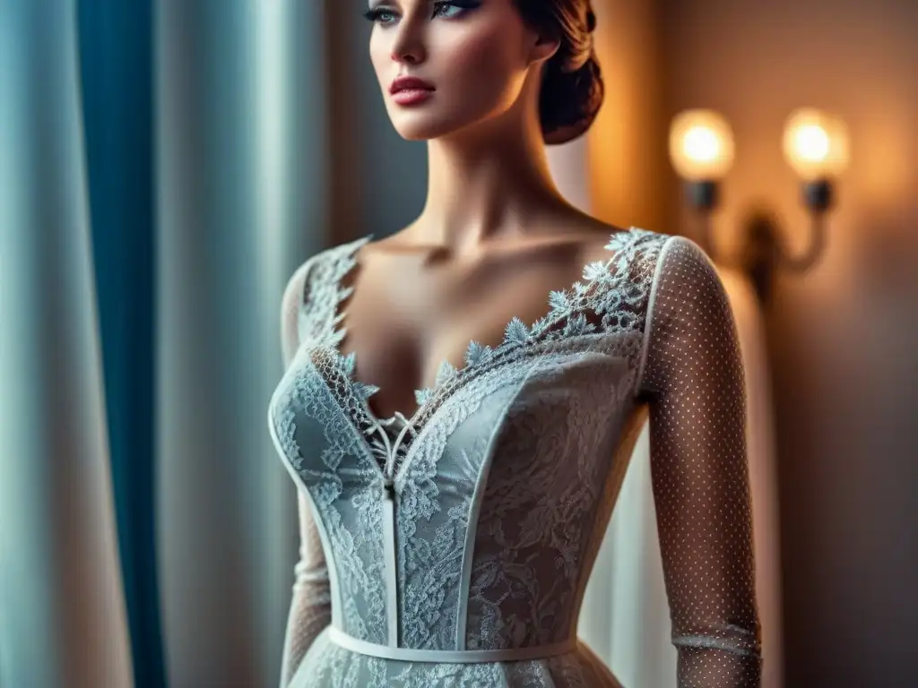 Diseño de encaje poético en maniquí blanco Delicada poesía en la moda transformadora: encaje blanco con patrones florales, elegancia y belleza