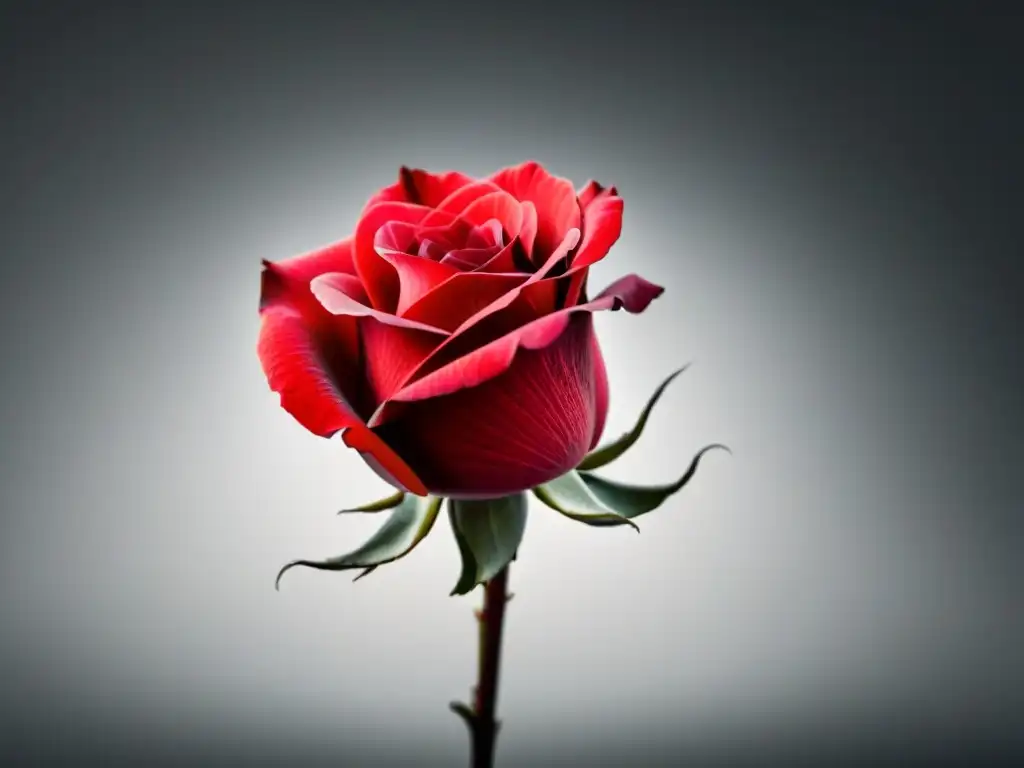 Una delicada pétalo de rosa roja cayendo en un fondo blanco, evocando poesía de amor conmovedora