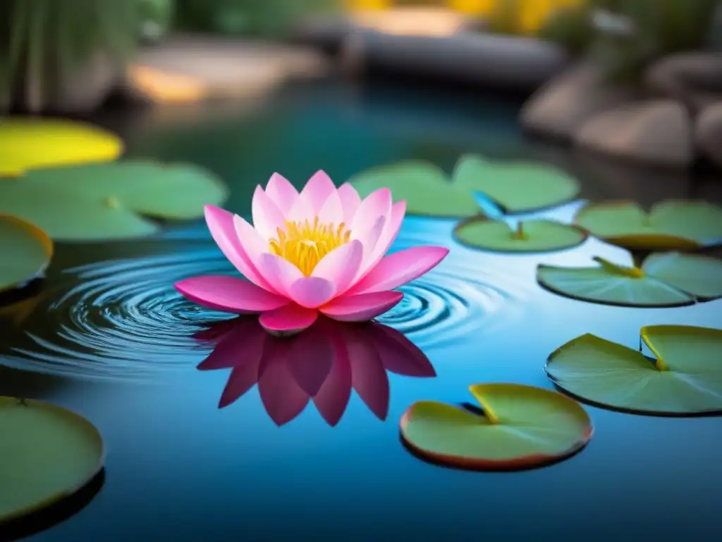 Una delicada pintura de tinta de una flor en floración entrelazada con patrones que representan elementos culturales diversos, sobre un fondo sereno de un estanque tranquilo que refleja la luz de la luna, mostrando transformación cultural a través de la poesía