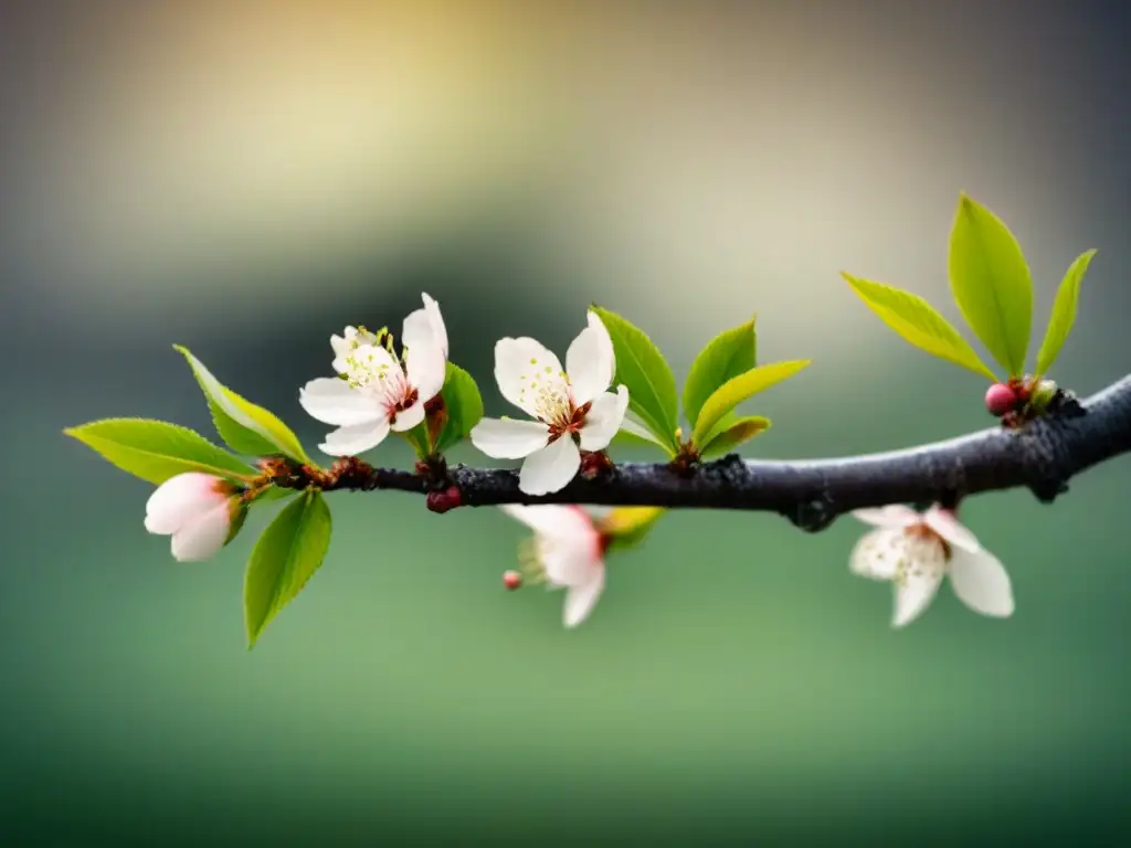 Delicada rama de cerezo con pétalos cayendo, simbolizando la belleza y transitoriedad del amor en la poesía japonesa