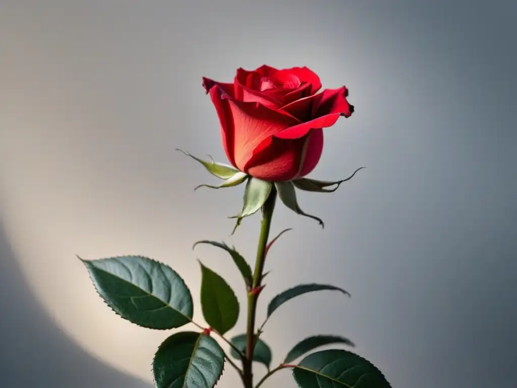 Delicada rosa roja sobre lienzo blanco, resaltando sus detalles con luz suave