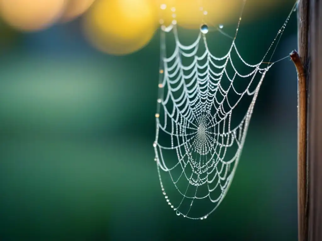 Delicada tela de araña con gotas de rocío al amanecer, reflejando la complejidad del uso de polisíndeton en poesía lírica