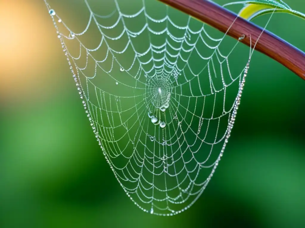 Delicada telaraña negra y blanca con rocío al amanecer, reflejando la poesía lírica transformadora momentos fugaces
