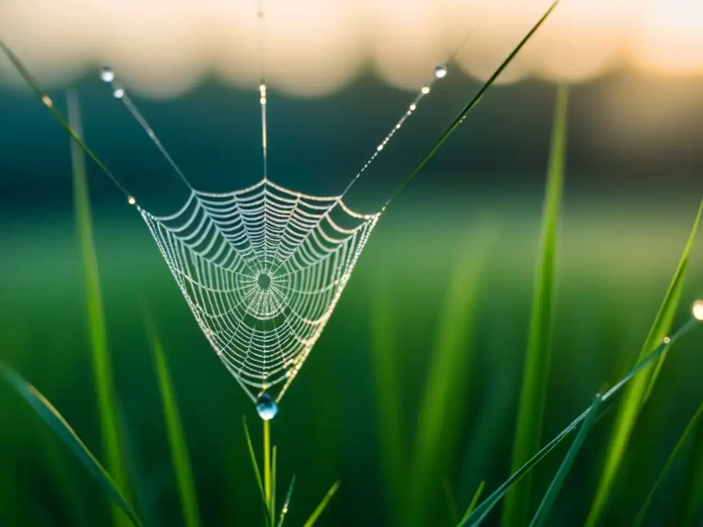 Delicada telaraña con rocío entre hierbas al amanecer, inspiración poética en naturaleza