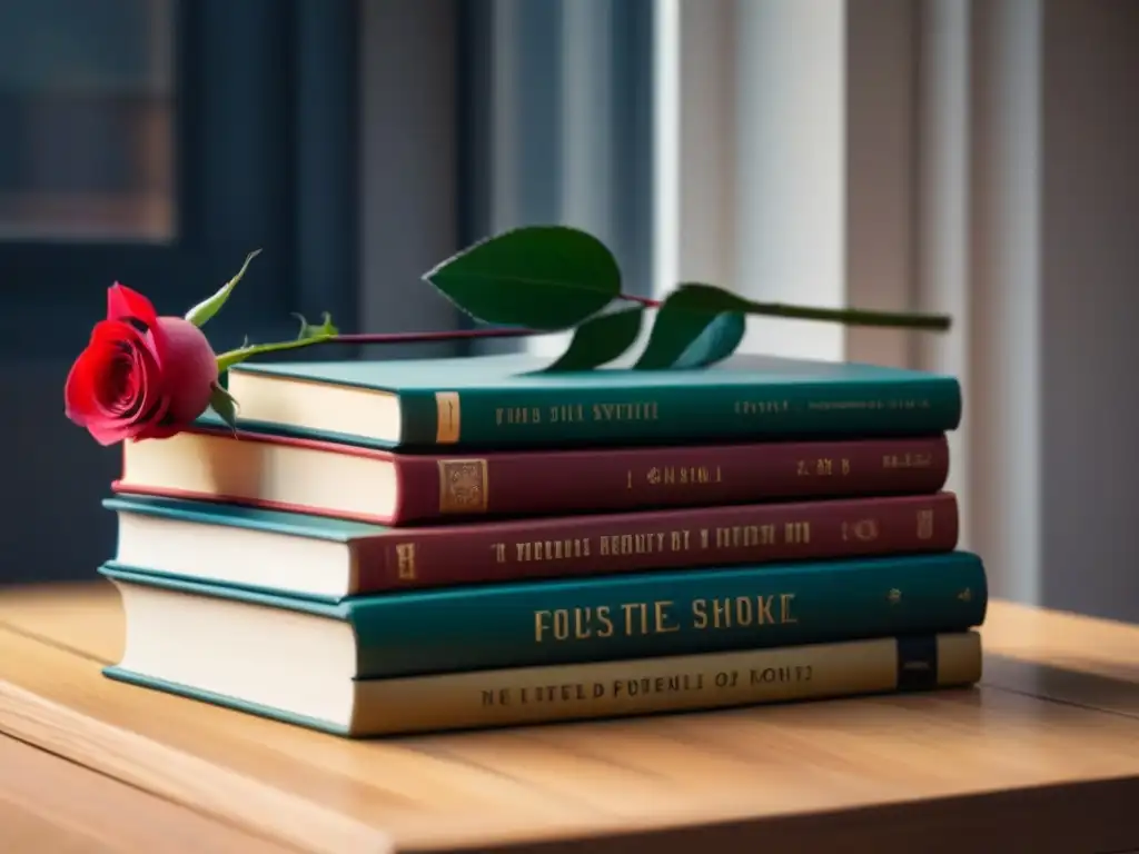 Un delicado arreglo de libros de poesía coloridos con una rosa roja encima