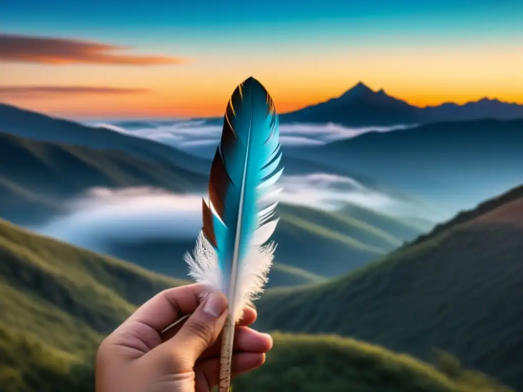 Un delicado bolígrafo de pluma traduce símbolos indígenas al español, con montañas borrosas y un sol naciente