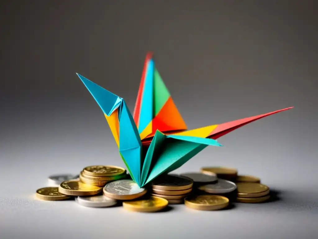 Grulla de origami poético sobre monedas: arte y financiamiento Un delicado canto a la financiación de proyectos poéticos crowdfunding: grulla de origami sobre monedas, hecha con páginas de libro de poesía