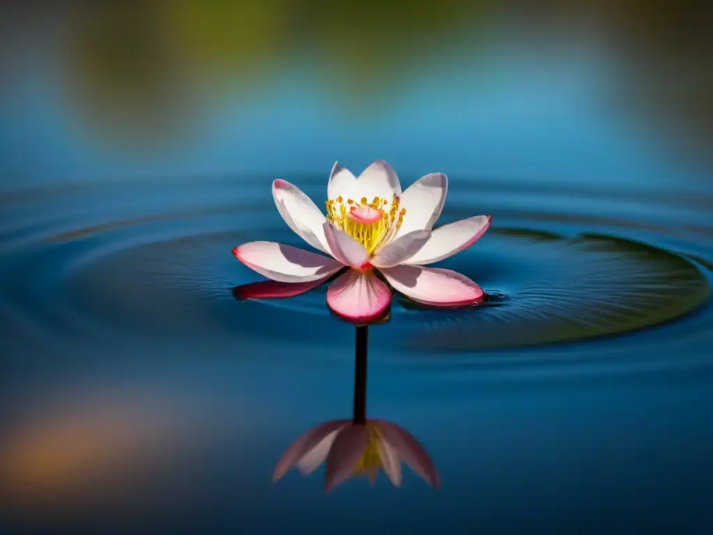 Haiku poesía lírica belleza: Un delicado cerezo en flor flotando en un estanque tranquilo al atardecer, reflejando la serenidad del momento