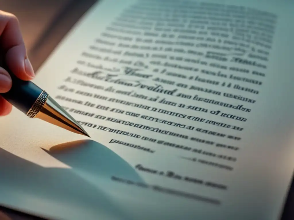 Pluma creando décima espinela: poesía en acción Un delicado quill pen traza una décima espinela, resaltando la poesía lírica en una imagen elegante y precisa