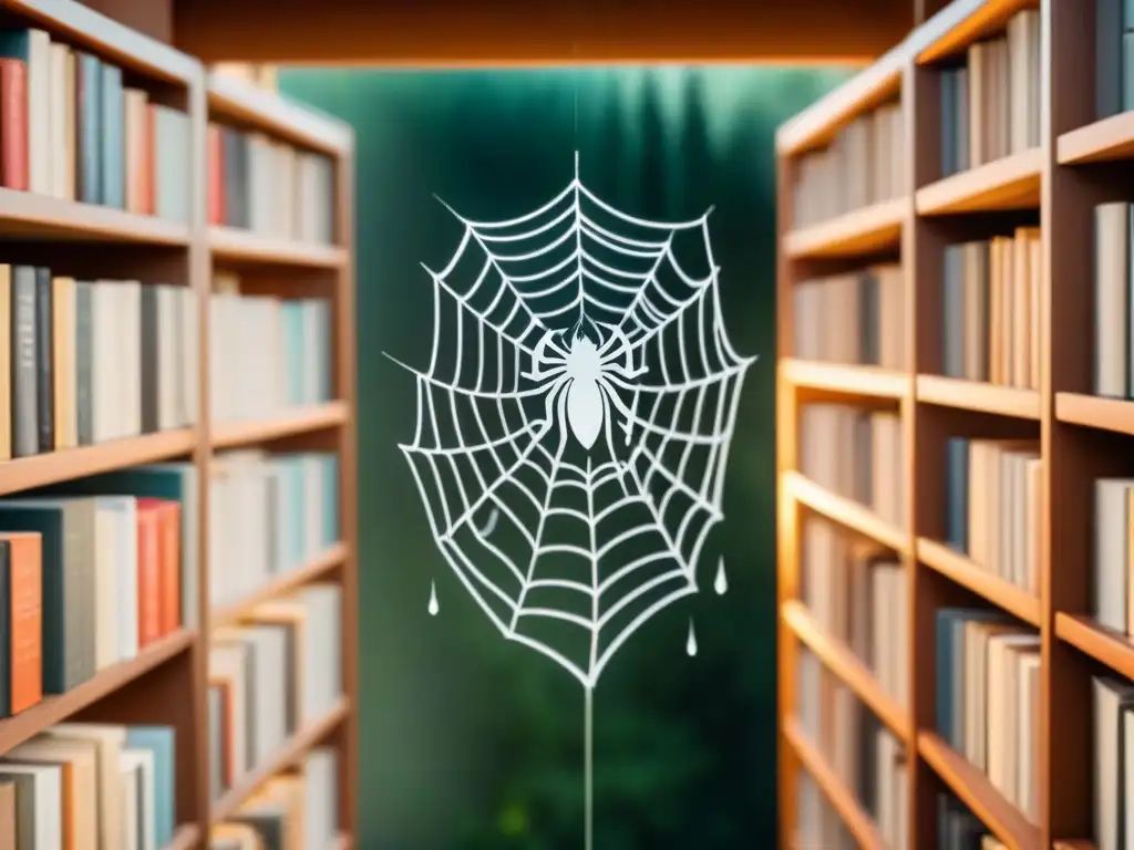 Un delicado y detallado dibujo en blanco y negro de una telaraña entre dos altas estanterías llenas de libros de poesía