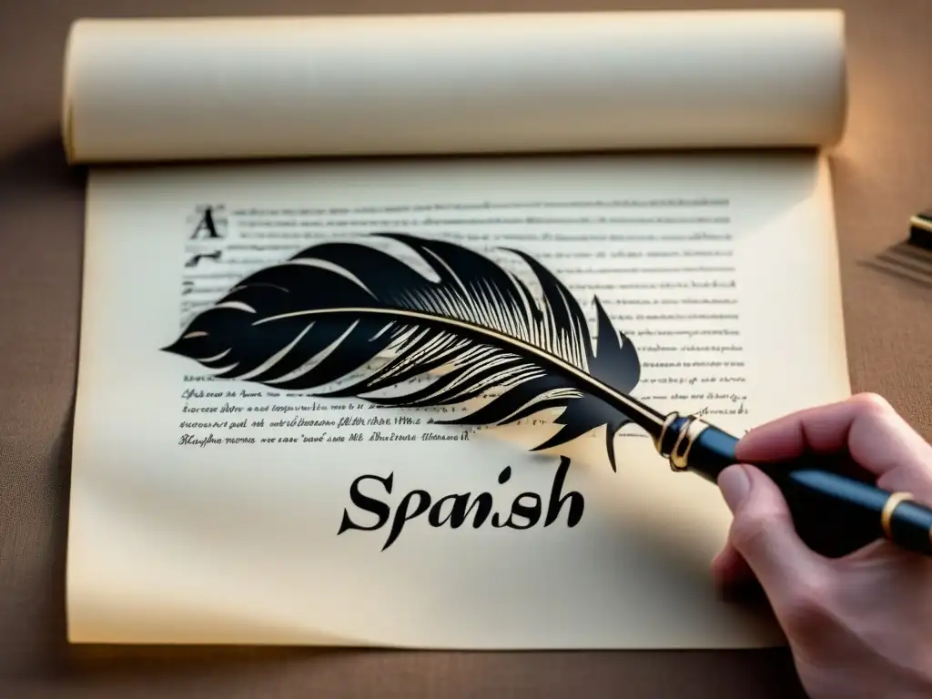 Un delicado dibujo en blanco y negro de una pluma escribiendo palabras en español en un pergamino, con la silueta tenue de W