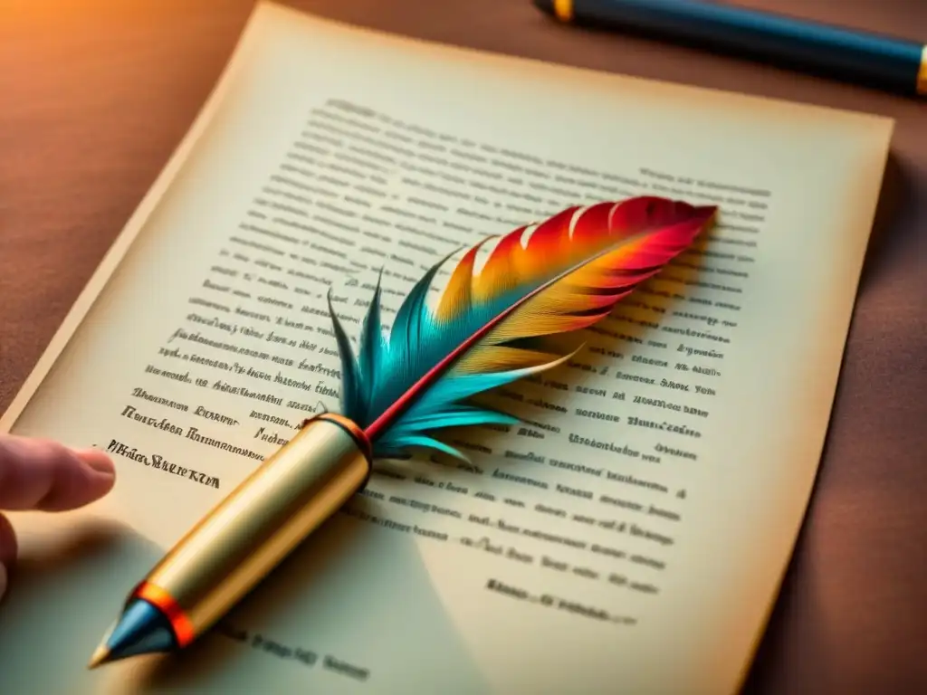 Magistral pluma escribiendo una décima espinela con precisión y emoción Un delicado dibujo de una pluma creando la poesía lírica de la décima espinela en pergamino