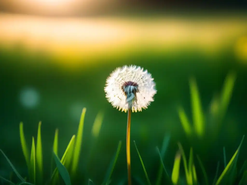 Un delicado diente de león blanco flotando en el aire, en un prado sereno bañado por la luz dorada, ilustrando el poder transformador de la poesía