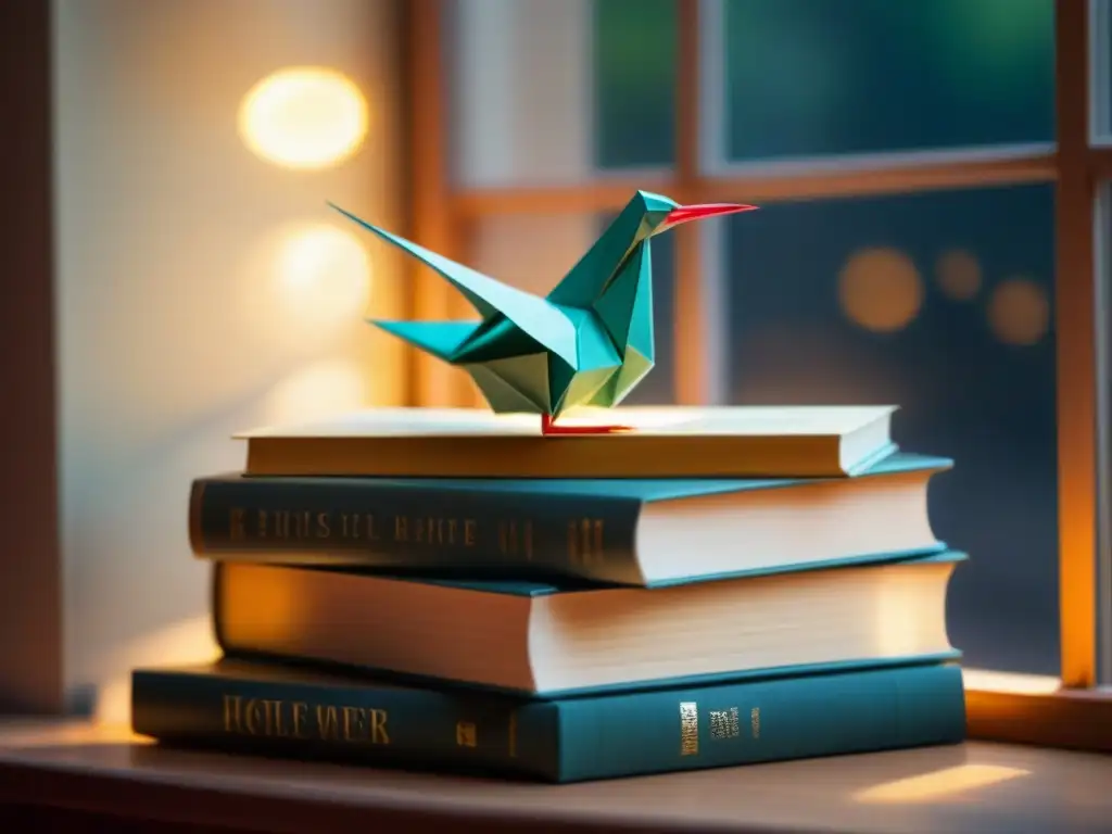 Grulla de origami sobre libros de poesía Un delicado grulla de origami reposa en libros de poesía, bañado en luz dorada