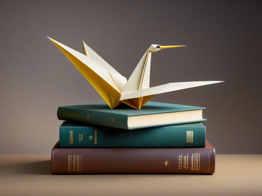 Un delicado origami de grulla sobre libros de poesía