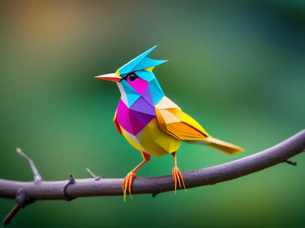 Un delicado pájaro de origami en papel reciclado, simbolizando la poesía de la conservación de especies de aves