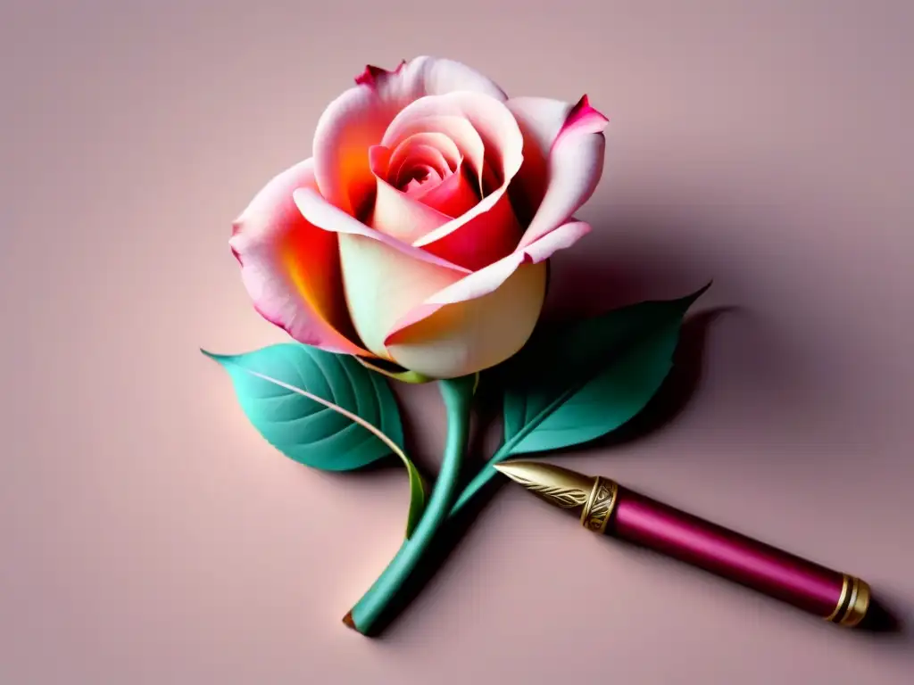 Un delicado quill pen escribe palabras que forman una rosa en un Ovillejo poesía lírica ensayo, sobre un fondo de suaves tonos pastel