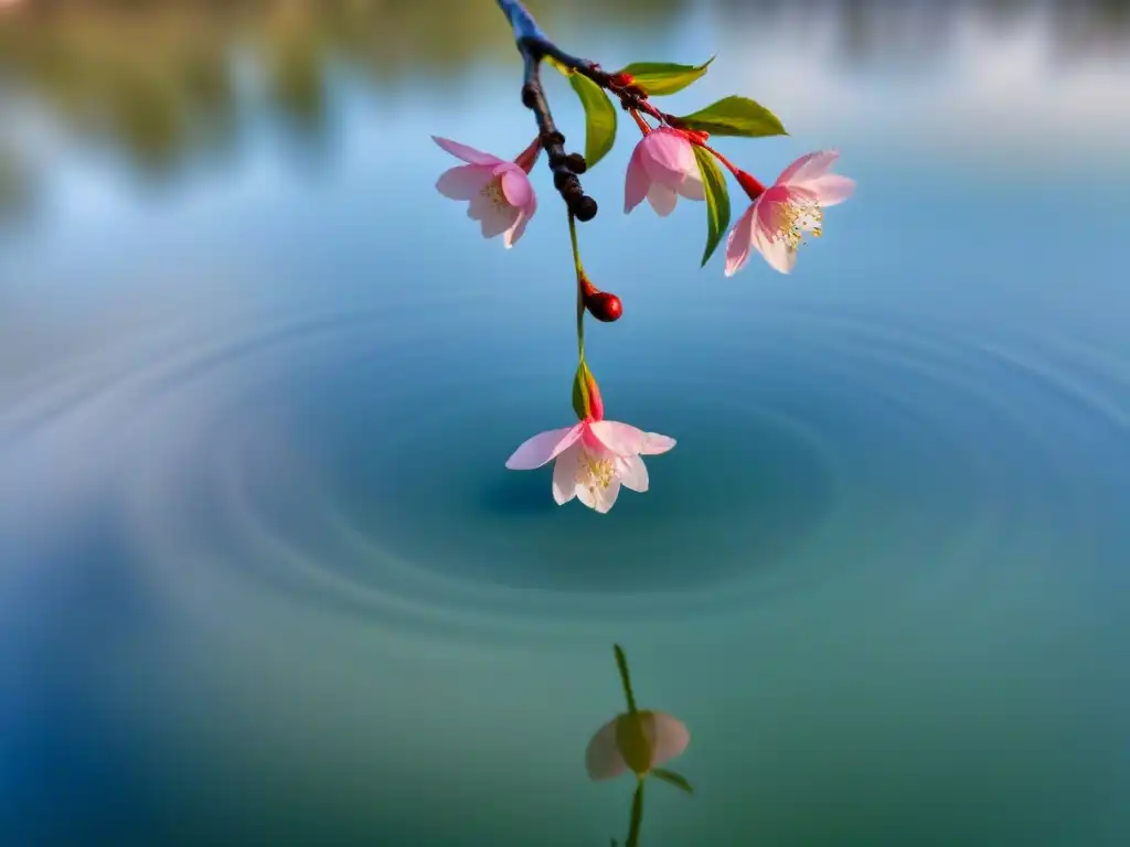 Flor de cerezo en estanque sereno: armonía natural Un delicado pétalo de cerezo flota en un estanque sereno, reflejando el cielo y los árboles