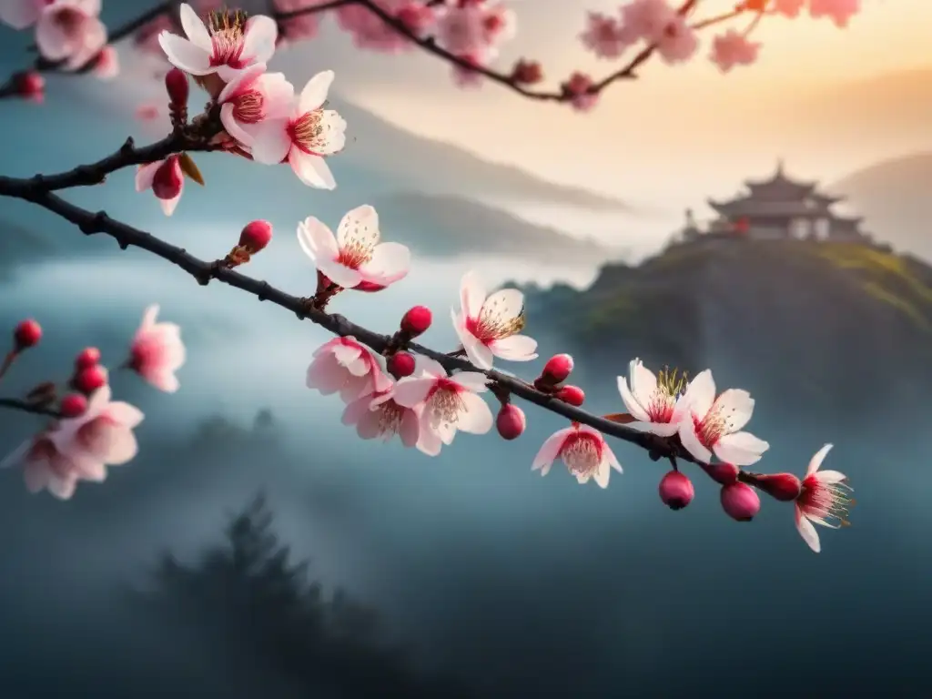 Un delicado ramo de flores de cerezo en contraste con una pintura japonesa en tinta negra, simbolizando la dualidad en poesía japonesa