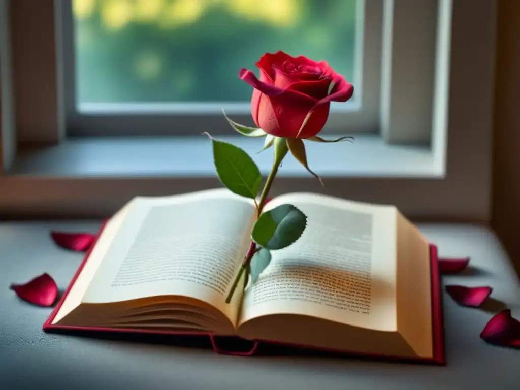 Un delicado retrato de una rosa roja sobre un libro de poesía, iluminado por la ventana, evocando el idealismo romántico de John Keats