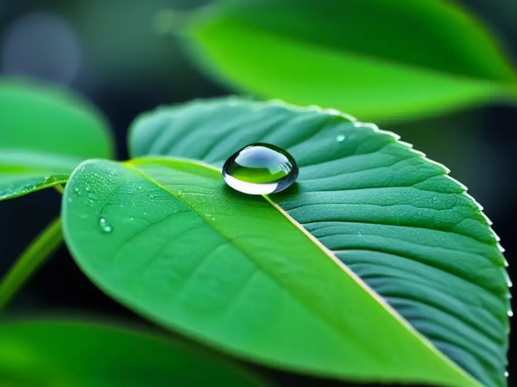 Un delicado rocío reposa sobre una hoja verde, reflejando la naturaleza