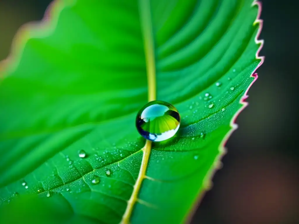 Gotas de rocío: belleza y tranquilidad en la naturaleza Un delicado rocío sobre una hoja verde, reflejando la naturaleza en alta definición