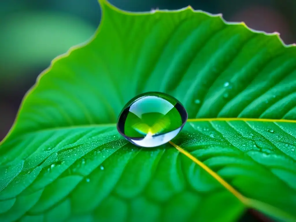 Un delicado rocío sobre hoja verde: refleja la luz solar, creando un juego de luces y sombras que evoca conexión con la belleza de la naturaleza