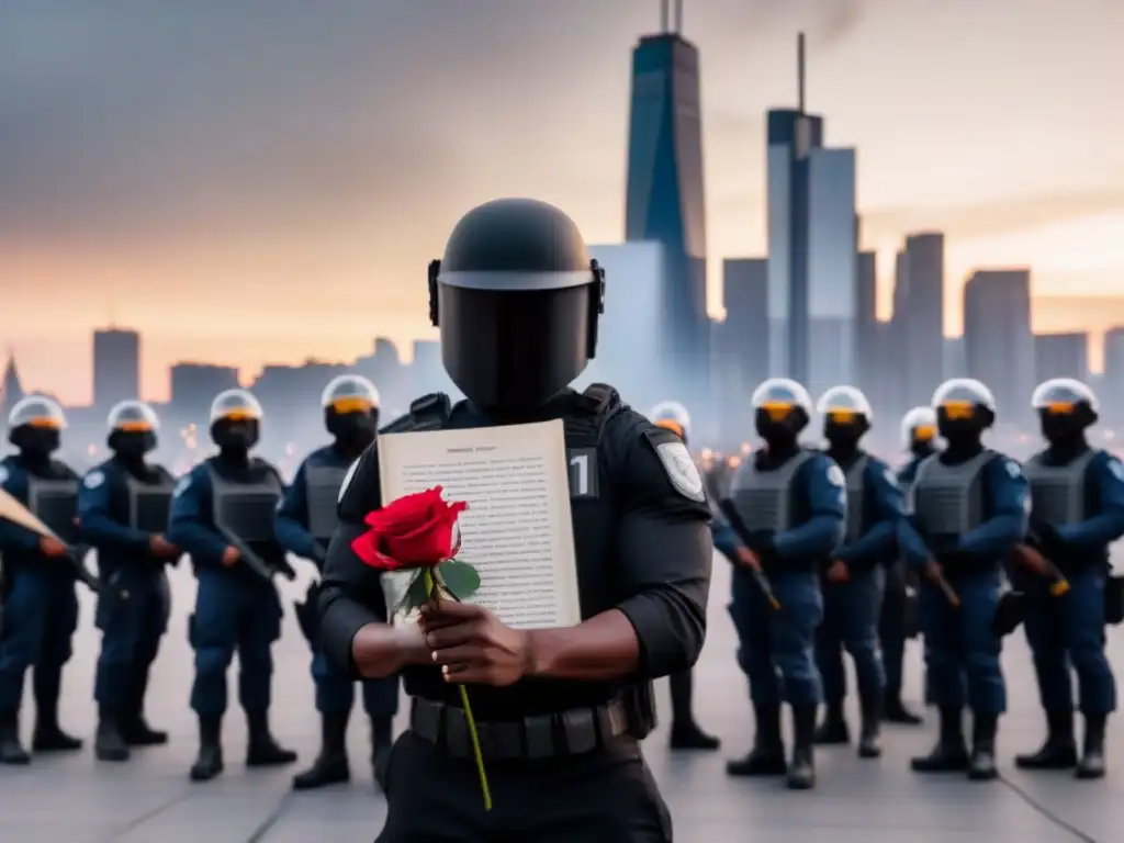 Rebelde poético desafía a la autoridad en la ciudad al amanecer Figura desafiante frente a la policía, con libro de poesía y rosa roja al amanecer, simbolizando versos sobre protestas transformadoras