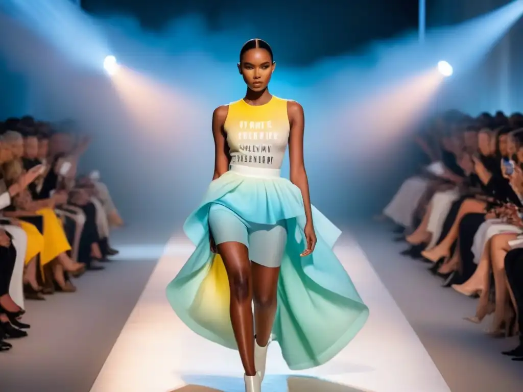 Desfile de moda poético: fusión de moda y poesía en escena Un desfile de moda minimalista con poesía en el aire, mostrando la fusión transformadora de la moda y la poesía