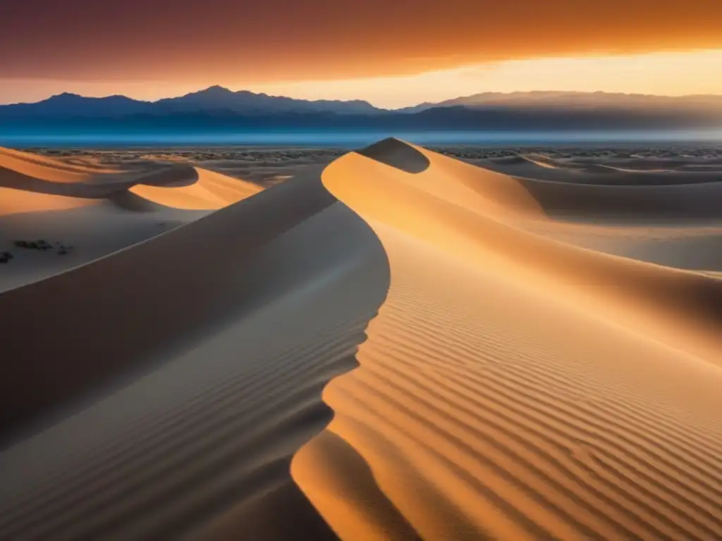 Poesía lírica del desierto profundo: dunas de arena al atardecer, bajo un cielo anaranjado