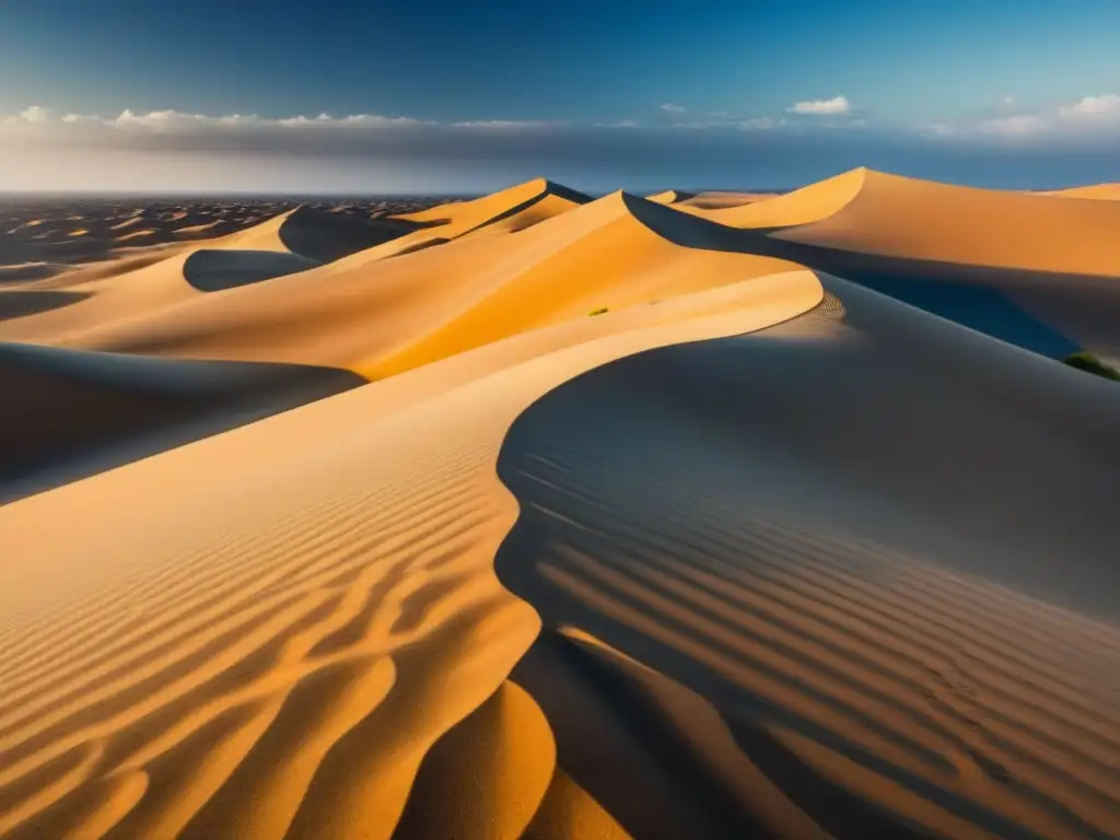 Poesía lírica del desierto profundo: paisaje vasto de dunas de arena bajo cielo azul, juego de luz y sombra